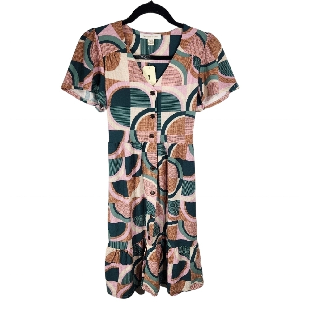 Monteau Los Angeles Dress Size Small Casual Geometrical Pink Green